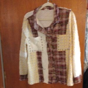 POL Patchwork Button-Front Top in Yellow and Burgundy Plaid